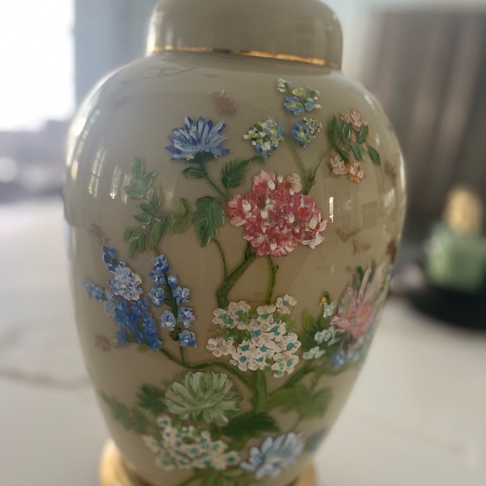 Vtg Oriental Table Lamp Chinoiserie Hand Painted Floral Glass Ginger Jar /base